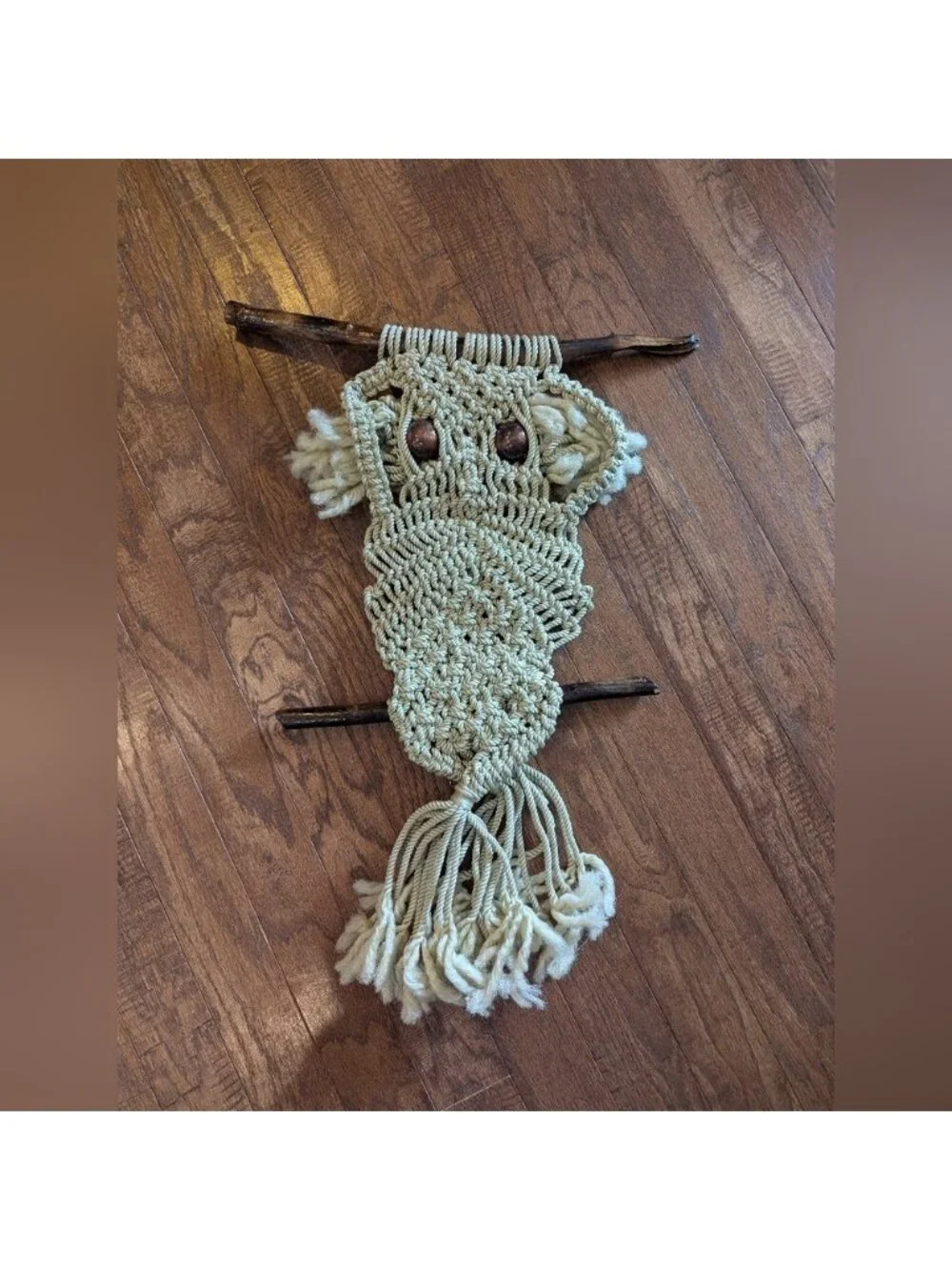 Vintage Macrame 70's Boho Owl Tapestry Wall Hanging 28' Hardwood Frame